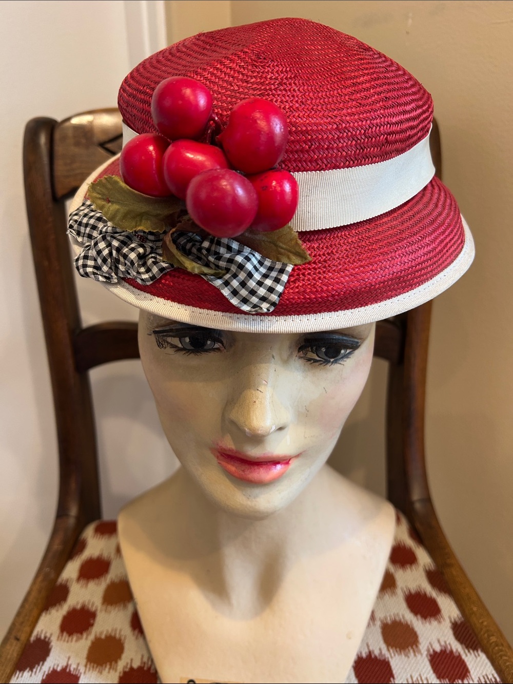 Louise Green Red Straw Cloche Hat with White Band and Cherry Detail